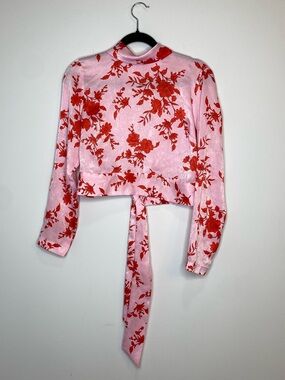 River Island Pink Top with Red Floral Print and Front Tie